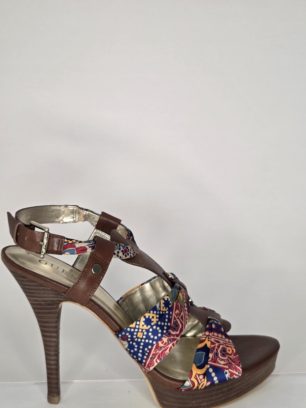 GUESS Kaedi Brown Leather Multi Floral Fabric Platform Sandals Heels - Picture 4 of 12